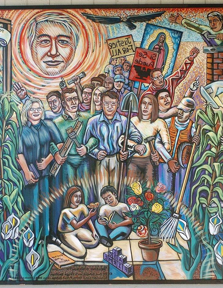 a cropped view of the pomona day laborer mural showing cesar chavez and several people